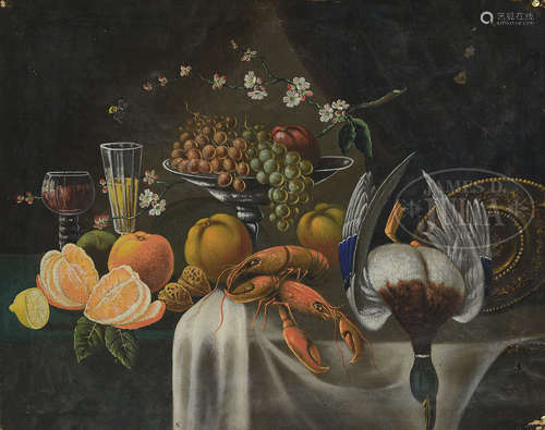 GERMAN SCHOOL (18th/19th Century) STILL LIFE WITH FRUIT, LOBSTER AND FOWL.