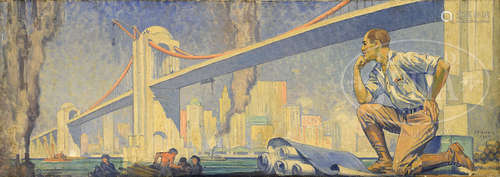 HAROLD G. STONER (American, 1890-1971) ARCHITECT HAROLD STONER, ARCHITECT, LOOKING OUT OVER HIS BRIDGE CONCEPT FOR SAN FRANCISCO BAY.