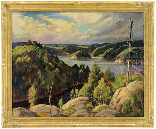 WILLIAM LESTER STEVENS (American, 1888-1969) PANORAMIC NEW ENGLAND VIEW WITH LAKE.