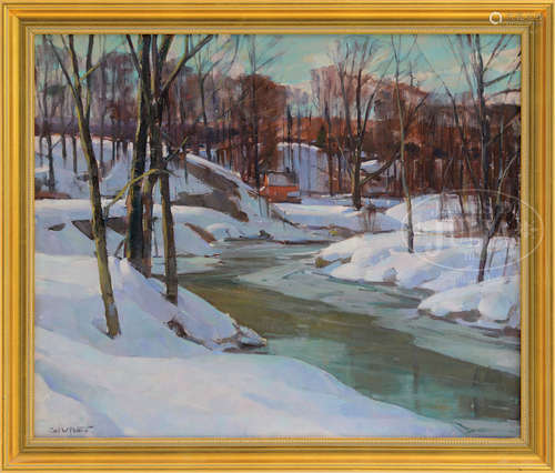 CARL W. PETERS (American, 1897-1980) WINTER RIVER VIEW WITH RED HOUSE.