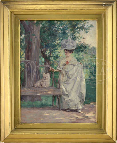 LOUIS BETTS (American, 1873-1961) YOUNG GIRL PETTING A WHITE DOG IN THE PARK.