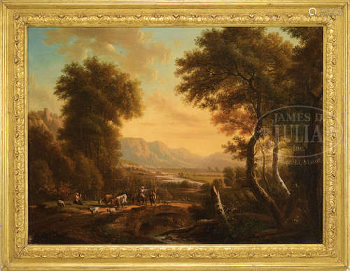 ATTRIBUTED TO VICTOR DE GRAILLY (American/French, 1804-1889) PAYSAGE MONTAGNEUX A LA RIVIERE AVEC UNE BERGERE ET SON TROUPEAU.