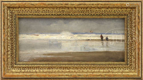 TIFFANY (American, Late 19th Century) BEACH SCENE WITH FIGURES AND SAILBOATS.