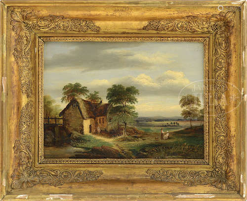 FRENCH SCHOOL (19th Century) TWO LANDSCAPES WITH THATCHED ROOF COTTAGES.