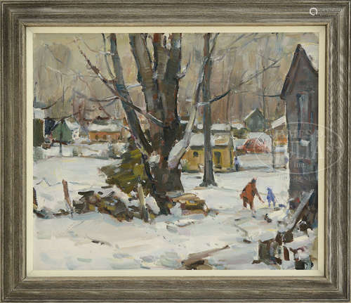 CARL W. PETERS (American, 1897-1980) FIGURES IN A WINTER VILLAGE.