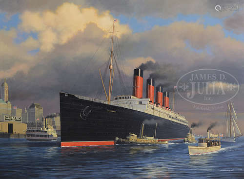 STAN STOKES (American, 20th Century) “LUSITANIA AT NEW YORK, 1907”.