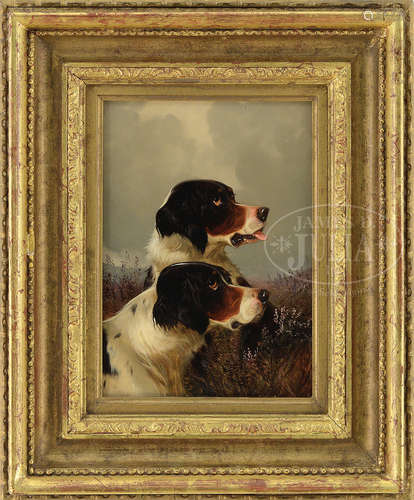 COLIN GREENE (English, 19/20th century) PORTRAIT OF TWO DOGS IN A LANDSCAPE.