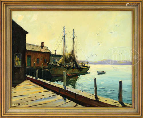 C. HJALMAR AMUNDSEN (American, 1911-2001) FISHING TRAWLER AT DOCK.