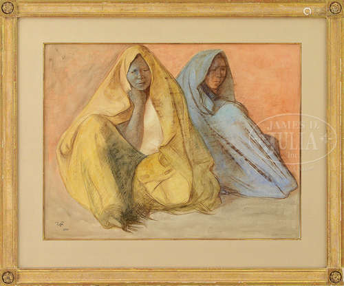 FRANCISCO ZUNIGA (Mexican, 1912-1998) TWO WOMEN HUDDLED UNDER BLUE & YELLOW SHAWLS.