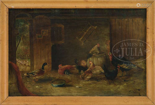 A. VILLON (French, 19th century) INTERIOR OF BARN WITH CHICKENS, DUCK AND TURKEY.