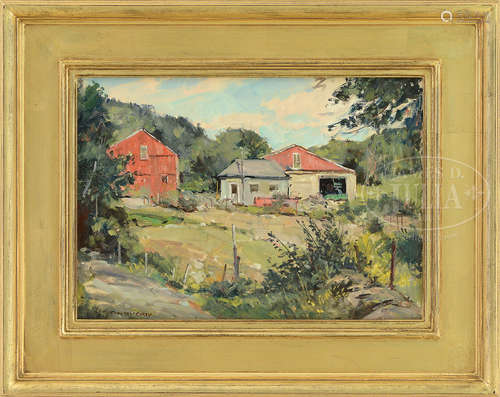 BERNARD COREY (American, 1914-2000) TWO WORKS: HOUSE AND BARN IN SUMMER & SUMMER LANDSCAPE WITH RED BARN.