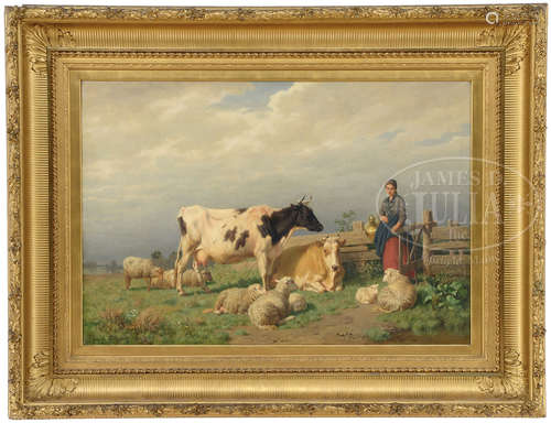 EDMUND TSCHAGGENY (Belgian, 1818-1873) MILKMAID ENTERING A FIELD WITH COWS AND SHEEP.