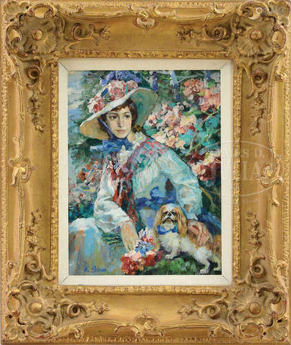 A GISSON (American, 20th Century) WOMAN WITH DOG SURROUNDED BY FLOWERS.