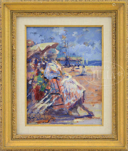 DONALD R. PURDY (American, 1924-) LADY WITH PARASOL AT THE BEACH.