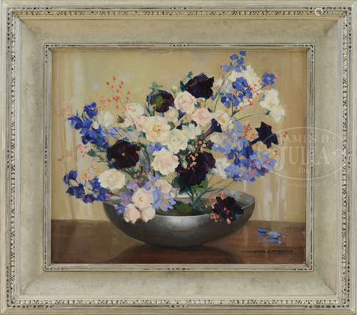 MARGUERITE STUBER PEARSON (American, 1898-1978) “DELPHINIUM, CORAL BELLS & ROSES”.