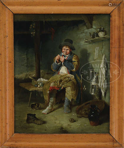 R. R. STEPHENSON (English, 19th century) MAN IN INTERIOR THREADING A NEEDLE.