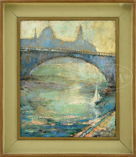 TSVETINOVITCH (20th century) IMPRESSIONISTIC VIEW OF CITY BRIDGE WITH SAILBOAT.