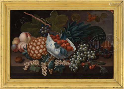 AMERICAN SCHOOL (19th century) FOLK ART TOLE PAINTED STILL-LIFE OF FRUIT ON A LEDGE.