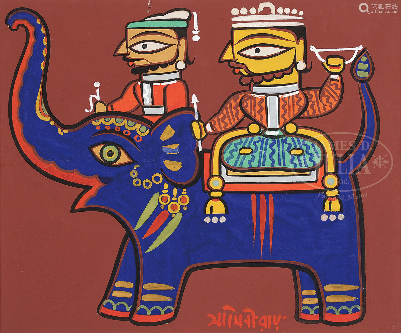 JAMINI ROY (Indian, 18871972) TWO MEN ON ELEPHANTS.－【Deal