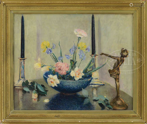 JOHANN BERTHELSEN (American, 1883-1972) TABLETOP STILL LIFE WITH CANDLESTICKS & BRONZE FIGURE.