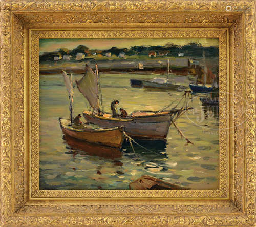 ANTONIO CIRINO (American, 1889-1983) MOORED BOATS ALONG ROCKPORT SHORELINE.