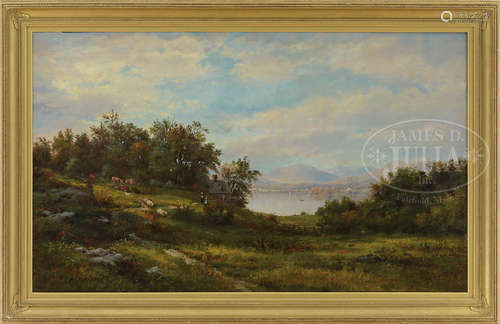 GEORGE F. HIGGINS (American, 1850-) PANORAMIC VIEW OF A NEW ENGLAND LANDSCAPE WITH MOUNTAINS AND LAKE.