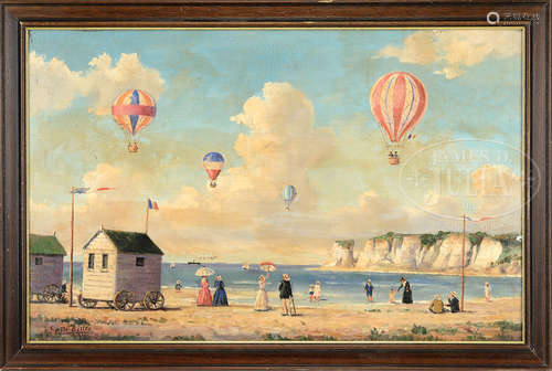 EMILE BOLLEE (French, late 19th/ early 20th Century) FRENCH SEASIDE VIEW WITH HOT AIR BALLOONS.