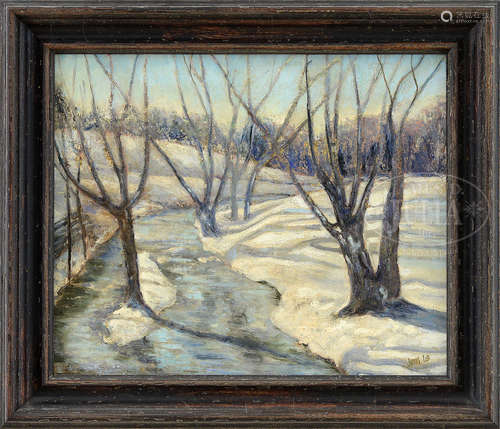 ATTRIBUTED TO JONAS LIE (American, 1880-1940) STREAM IN WINTER.