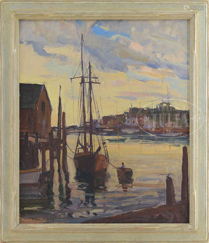 ALDEN BRYAN (American, 1913-2001) DOCKED BOAT AT SUNSET, GLOUCESTER.