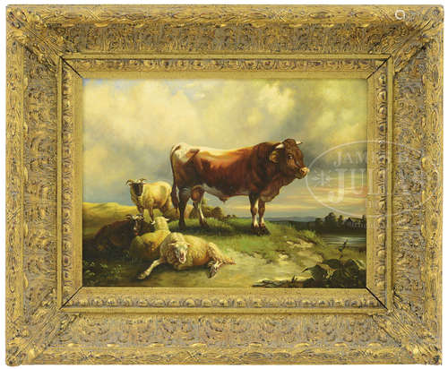 IN THE STYLE OF THOMAS SIDNEY COOPER (English, 1803-1902) LANDSCAPE WITH COW, SHEEP AND RAMS.