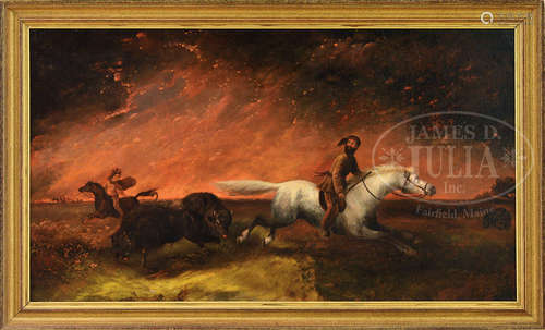 ATTRIBUTED TO GEORGE CATLIN (American, 1796-1872) BUFFALO AND HUNTERS FLEEING A GREAT FIRE.