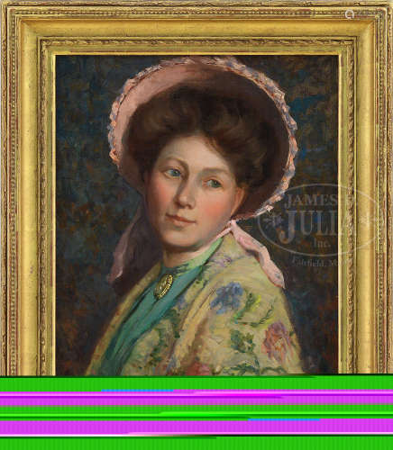ABBOTT FULLER GRAVES (American, 1859-1936) PORTRAIT OF WOMAN IN PINK BONNET.