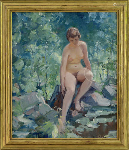 EMILE ALBERT GRUPPE (American, 1896-1978) “WOMAN BY THE STREAM”.