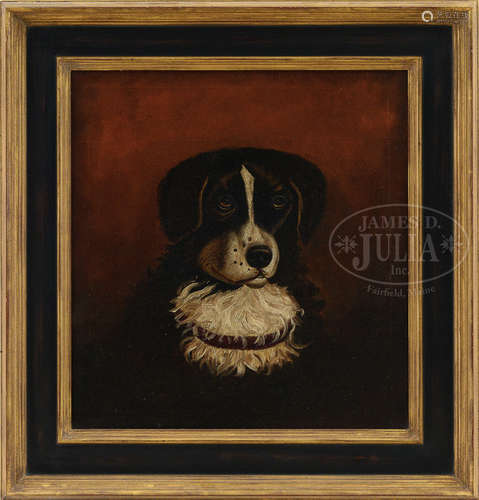 ENGLISH SCHOOL (19/20th century) PORTRAIT OF A HUNTING DOG WITH RED BACKGROUND.