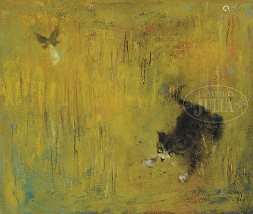 RAY (America, 20th Century) CAT IN MEADOW WITH BUTTERFLY.