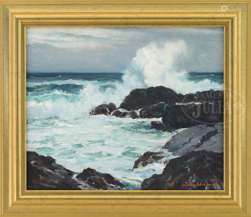 STANLEY WINGATE WOODWARD (American, 1890-1970) CRASHING WAVE ON ROCKPORT ROCKS.