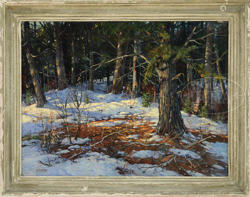 EARLE A. TITUS (American, 1895-1962) DAPPLED SUNLIGHT IN SNOWY WOODLAND.