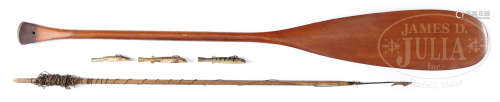 THREE OSCAR PETERSON FISH DECOYS, OLD TOWN CANOE PADDLE, AND FISHING HARPOON SPEAR.