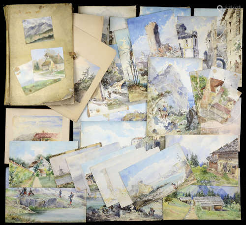 PORTFOLIO OF LIVINGSTON FAMILY UNFRAMED WATERCOLORS.