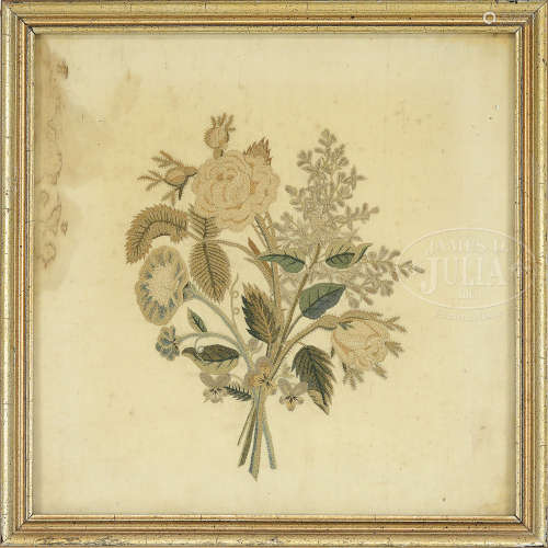 THREE FRAMED PETITE POINT FLORAL NEEDLEWORKS BY HENRIETTE FONTAINE, PHILADELPHIA 1806.