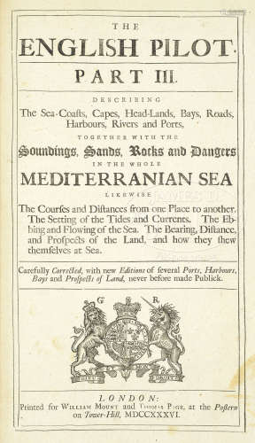 BOOK: BOUND VOLUME OF THE ENGLISH PILOT PART II AND III, AND MEDITERRANEAN PILOT WITH 38 LARGE MAPS.