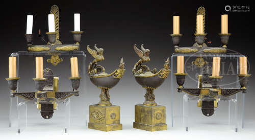 GROUP OF FRENCH EMPIRE WALL SCONCES AND PAIR OF GARNITURES.