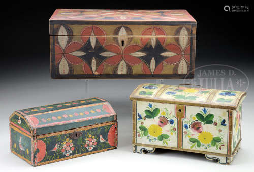 THREE PAINT DECORATED BOXES.