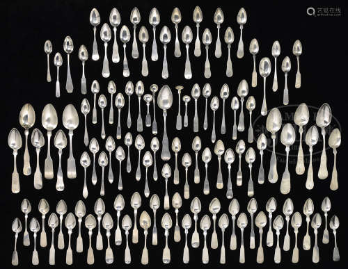 LARGE COLLECTION OF AMERICAN COIN SILVER SPOONS.