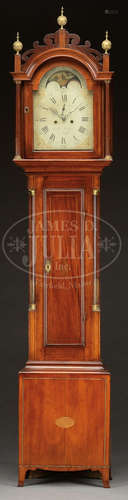 IMPORTANT ABEL HUTCHINS INLAID MAHOGANY TALL CASE CLOCK.