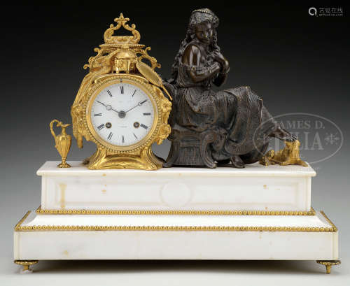 FRENCH MARBLE AND DORÉ MANTEL CLOCK.