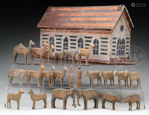 FOLK ART NOAH’S ARK WITH COLLECTION OF HAND CARVED ANIMALS IN PAIRS.