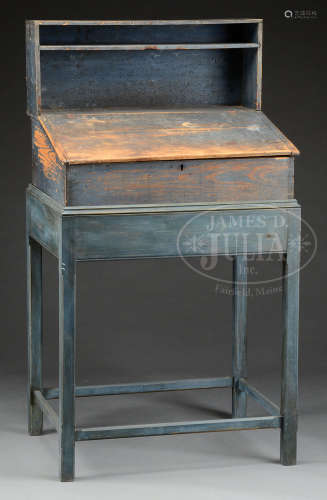 EARLY AMERICAN PINE POSTMASTER’S DESK ON LATER FRAME EACH IN BLUE PAINT.