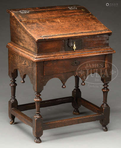 WILLIAM AND MARY CARVED OAK BIBLE BOX ON STAND.