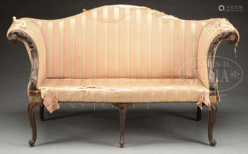 18TH CENTURY DIMINUTIVE CHIPPENDALE CARVED MAHOGANY CAMEL BACK SETTEE.